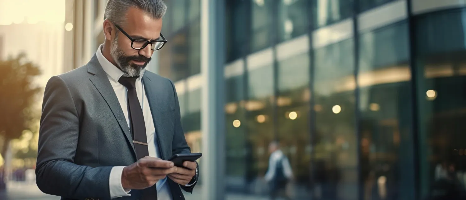 Business man outsite a building using his phone